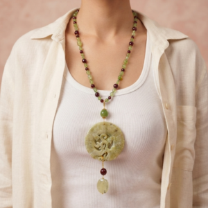 Collana Agata Borgogna Con Giada e Mandala Antico