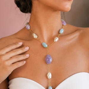 Collana Versatile a Cravatta con Acquamarina, Ametista e Perle
