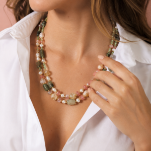 Collana Prehnite e Citrino a Due Fili con Perle Naturali