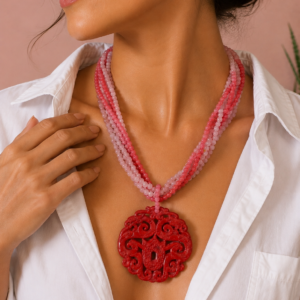 Collana Quarzo e Agata con Mandala in Giada Intagliata