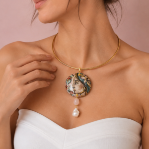 Collana Con Volto Dipinto Su Ceramica con Quarzo e Perla