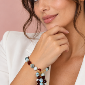 Bracciale Larimar e Ambra Cognac con Ciondolo a Grappolo