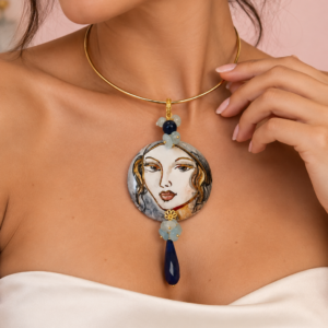 Collana Volto Dipinto con Acquamarina e Agata Blu
