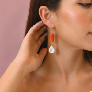 Orecchini Corallo Bamboo e Perla Naturale