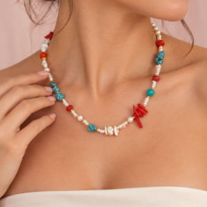 Collana Minimal in Perle e Corallo Bamboo con Turchese Naturale