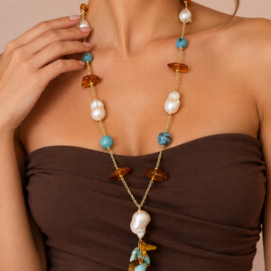 Collana Lunga con Larimar e Ambra con Perle Barocche