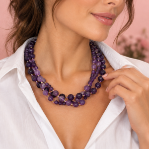 Collana Multifilo di Ametista – Tre Fili Intrecciati con Ematite Dorata