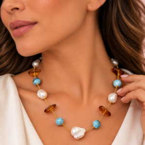 Collana Larimar Perle e Ambra – Girocollo in Argento Dorato
