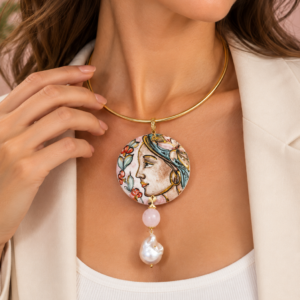 Collana Con Volto Dipinto Su Ceramica con Quarzo e Perla