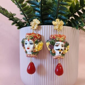 Orecchini Teste di Moro Rosse in Ceramica di Caltagirone
