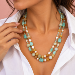 Collana amazzonite e perle con agata – doppio filo