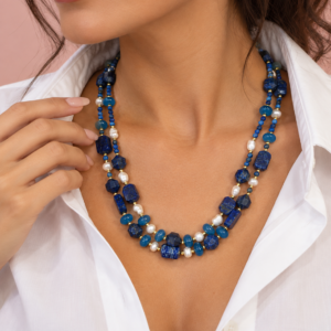 Collana lapislazzuli e quarzo con perle – doppio filo