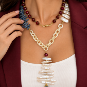 Collana Lunga con Cianite e Agata Borgogna con Perle Naturali